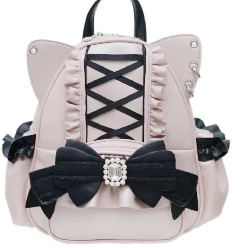 mode coréenne y2k punk sac à dos dentelle arc chat oreille lotus dentelle décoration lolita sac à dos en cuir pu grande capacité femmes sac à dos