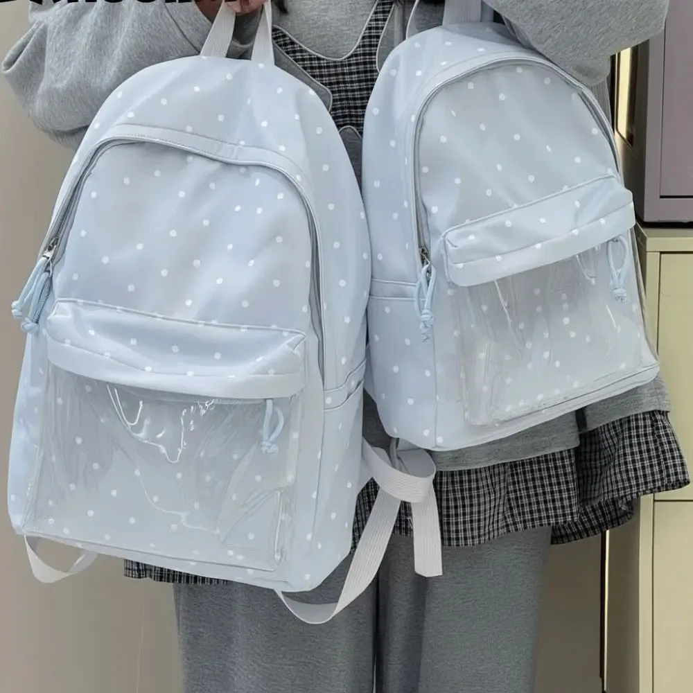 sac ita de style japonais avec fenêtre transparente, grande capacité, sac à dos transparent, fermeture éclair, léger, motif à pois, sac à dos pour les trajets quotidiens.