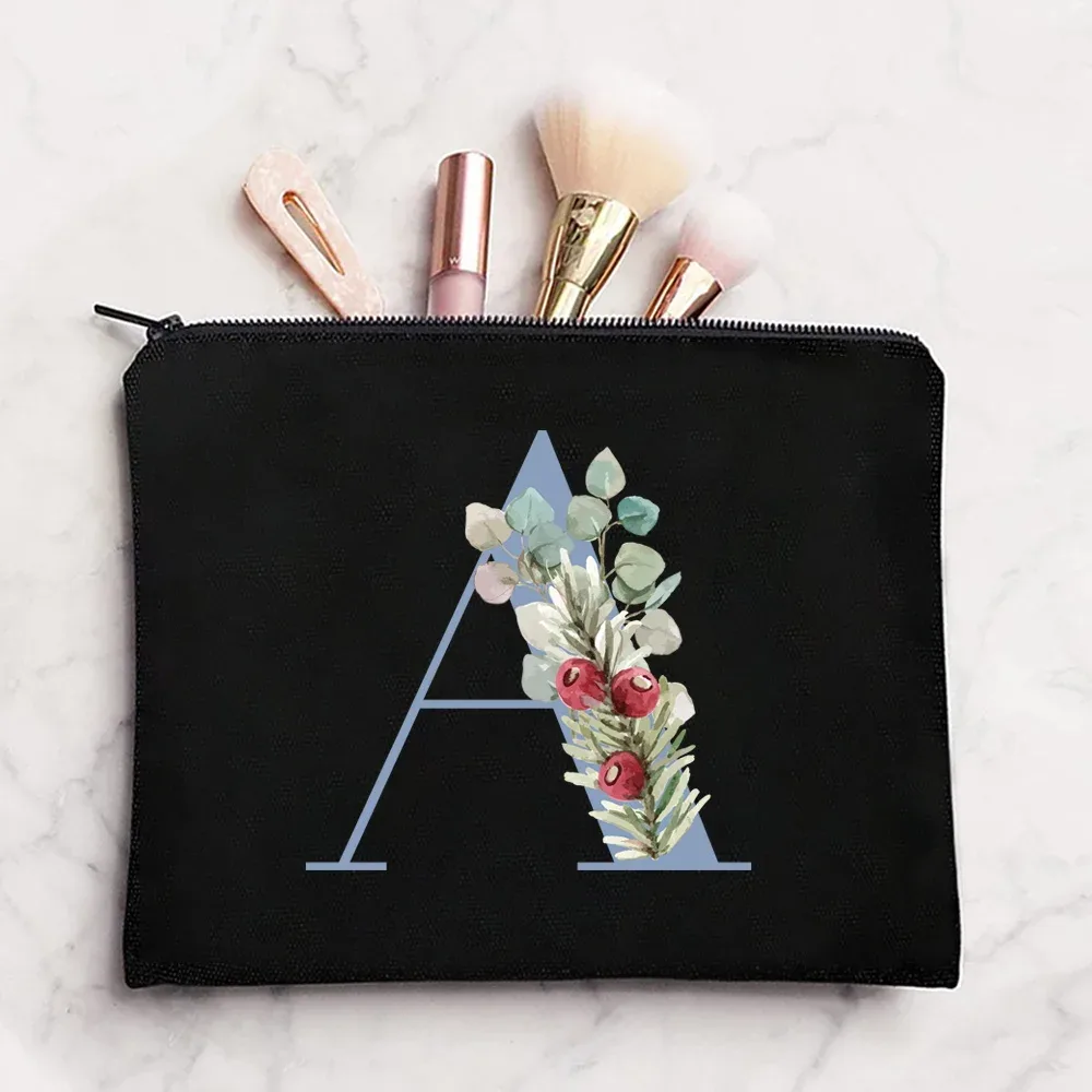 sac à cosmétiques en tissu pour femmes, pochette de maquillage, sac de voyage, rouge à lèvres, étuis de rangement, pochette à fermeture éclair, porte-monnaie de téléphone, initiales bleues imprimées