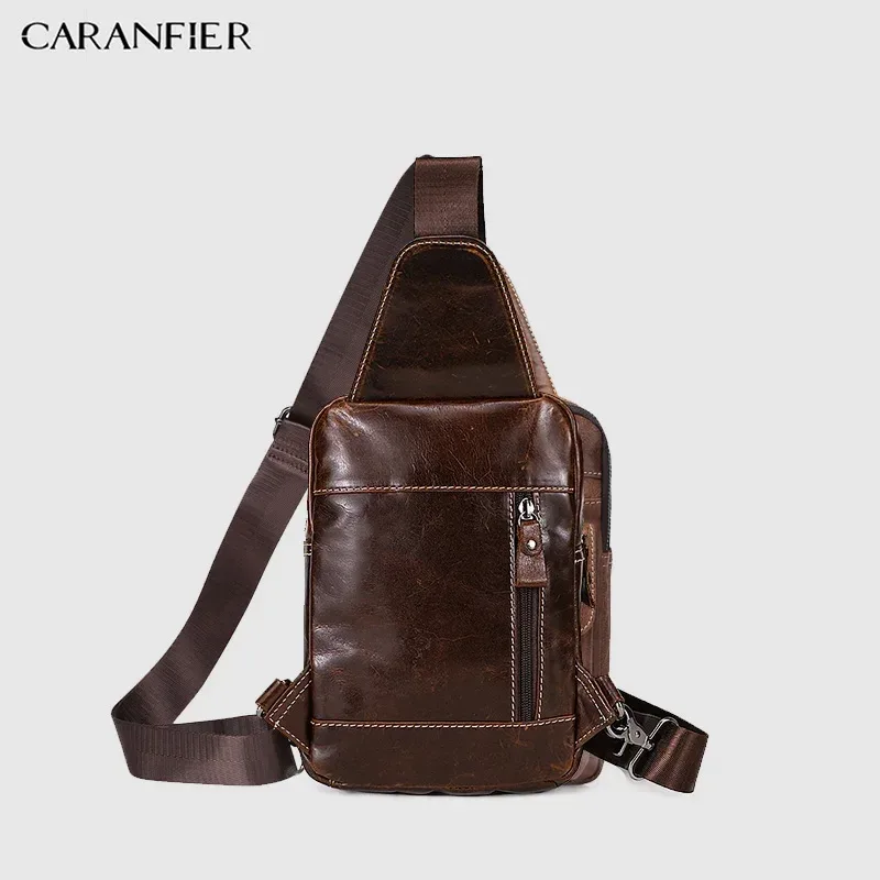 CARANFIER hommes poitrine sacs à dos épaule sac de messager véritable cuir de vachette hommes fermeture éclair doux mâle classique petits sacs de voyage