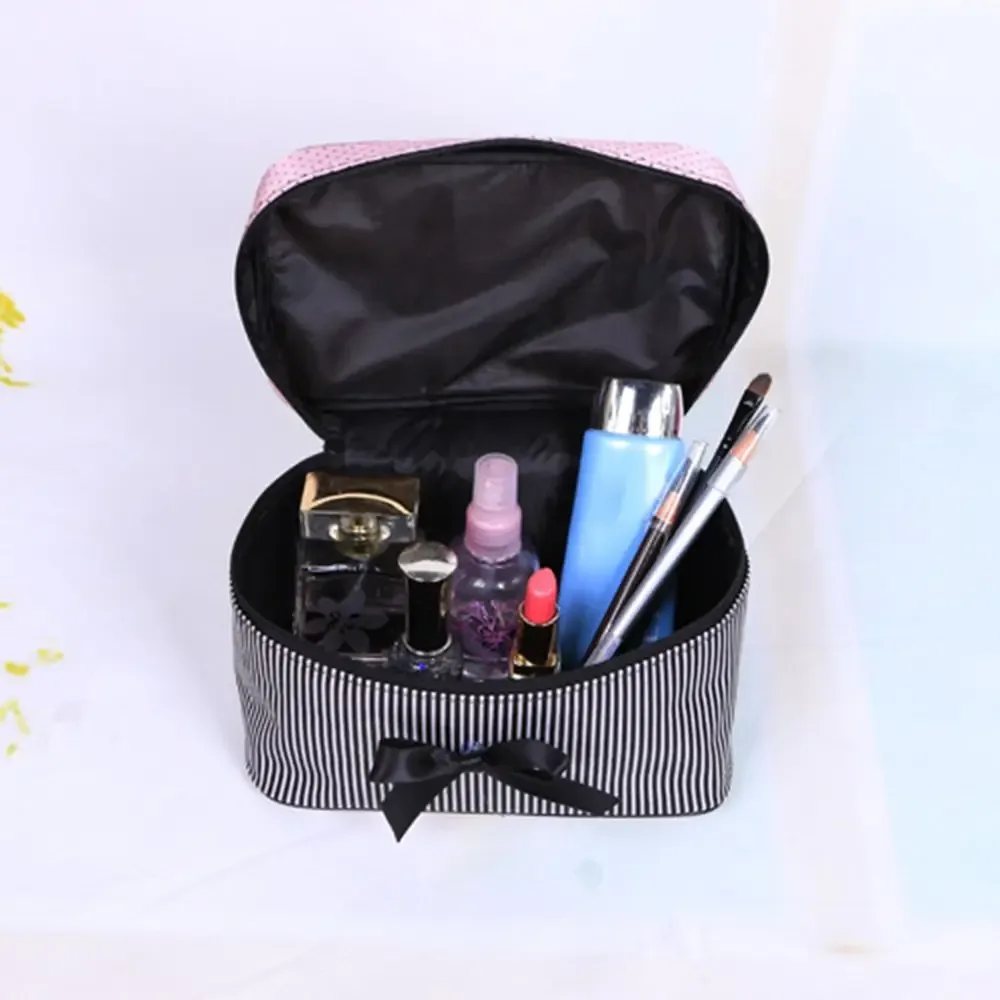 trousse de toilette portable mignonne à rayures et nœud, sac de rangement pour cosmétiques, sac à main, trousse de maquillage, étui de bain