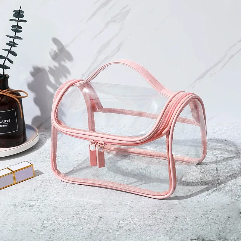 sac de maquillage transparent en pvc imperméable, trousse de toilette de voyage transparente, sac de rangement cosmétique à fermeture éclair de grande capacité
