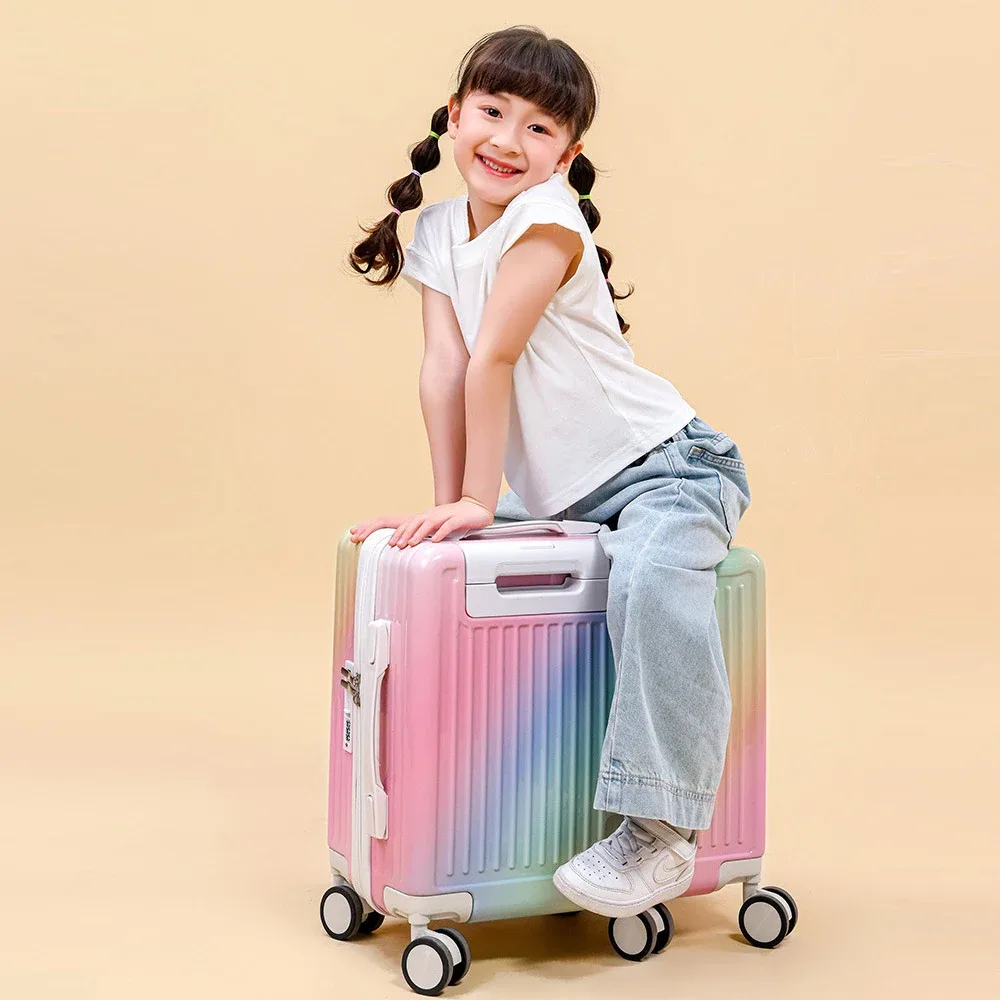 valise à roulettes 18 pouces, bagage cabine portable, 6 roues, fermeture éclair, verrouillable, avec siège intégré pour enfants