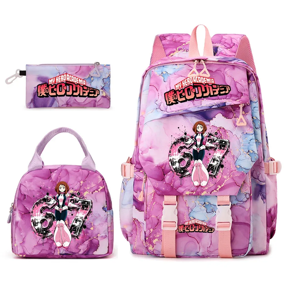 ensemble de sac à dos scolaire imprimé my hero academia ochaco uraraka 67 pour filles, sac à déjeuner, trousse à crayons, sac à dos décontracté