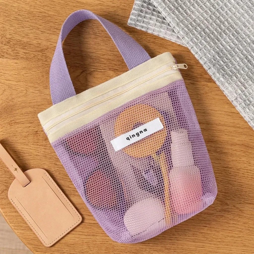 Pochette de plage portable en maille transparente avec poignée, sac de voyage pour crème solaire, clés, câbles, organiseur de toilette