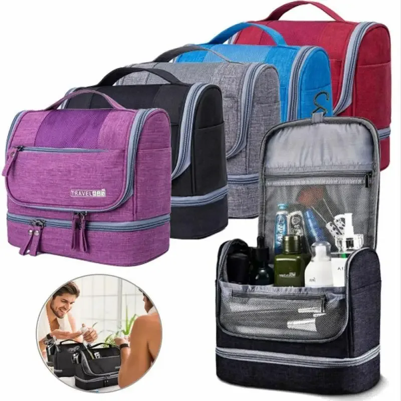 trousse de toilette pliable avec crochet de suspension, sac de rangement de cosmétiques de salle de bain étanche pour femmes, trousse de maquillage de voyage de grande capacité pour hommes