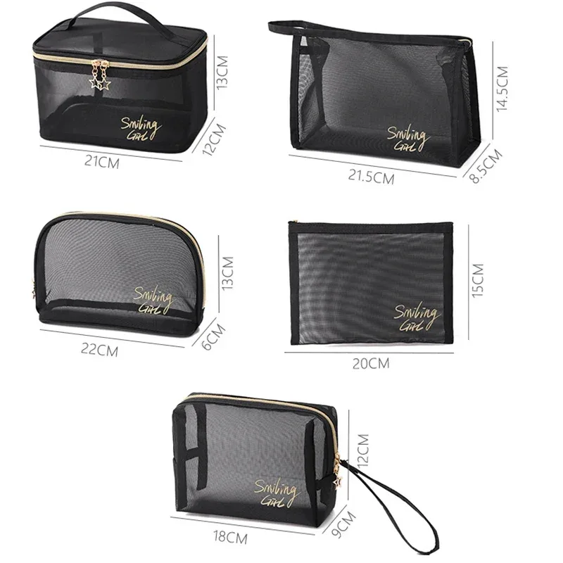 trousse de maquillage en maille noire de grande capacité pour femme, trousse de toilette décontractée à fermeture éclair, sac à cosmétiques de voyage