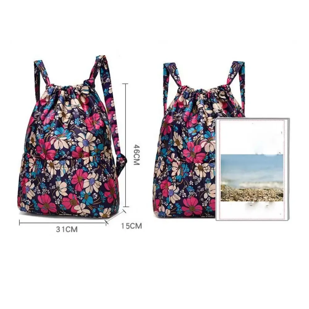 sac à cordon imprimé floral décontracté, sac de shopping portable en polyester imperméable, sacs à dos pliables légers pour adolescentes