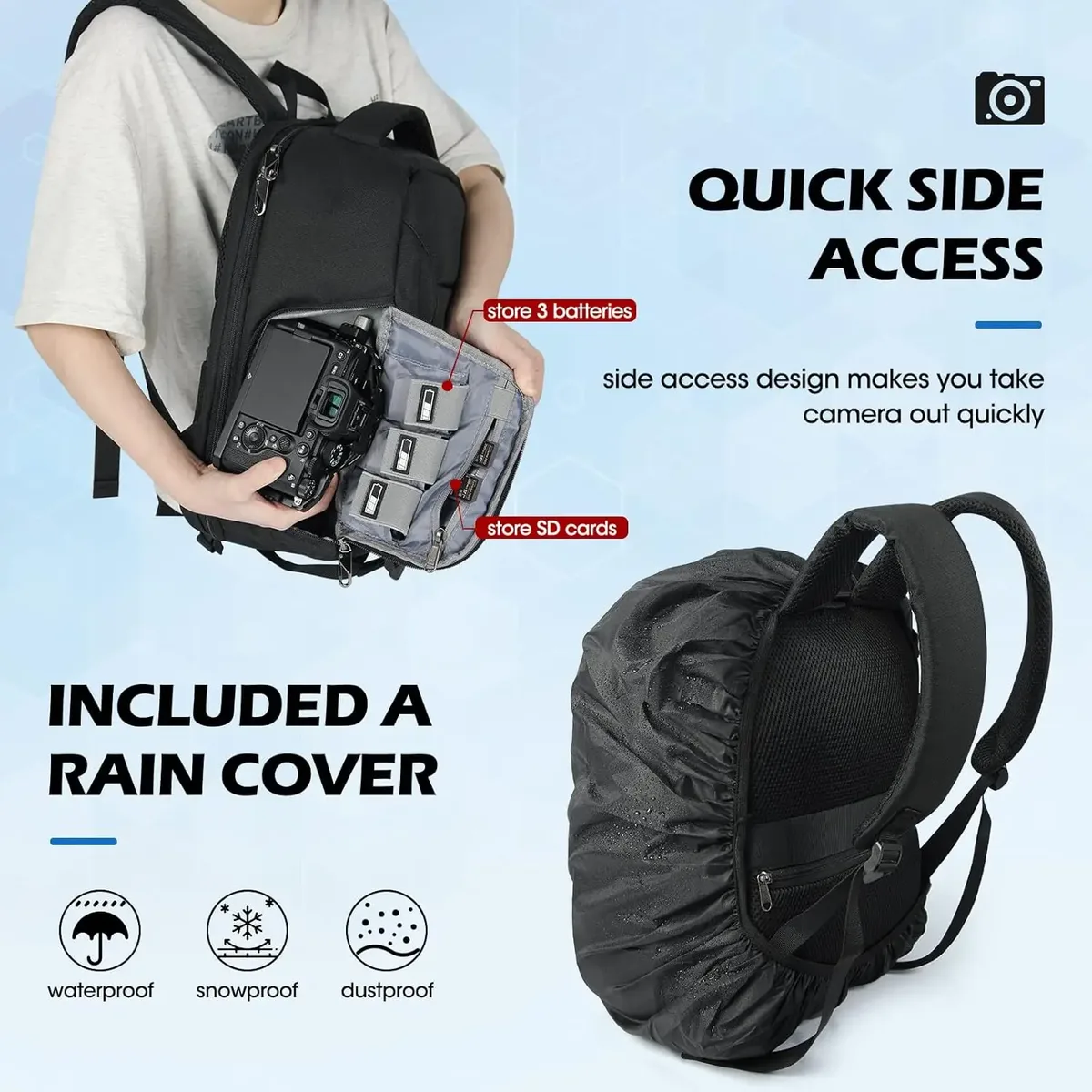 lubardy – sac à dos pour appareil photo dédié, 2 pièces, sac à dos de voyage pour ordinateur portable, grande capacité, pour hommes et femmes, sac à dos de photographie et housse de pluie