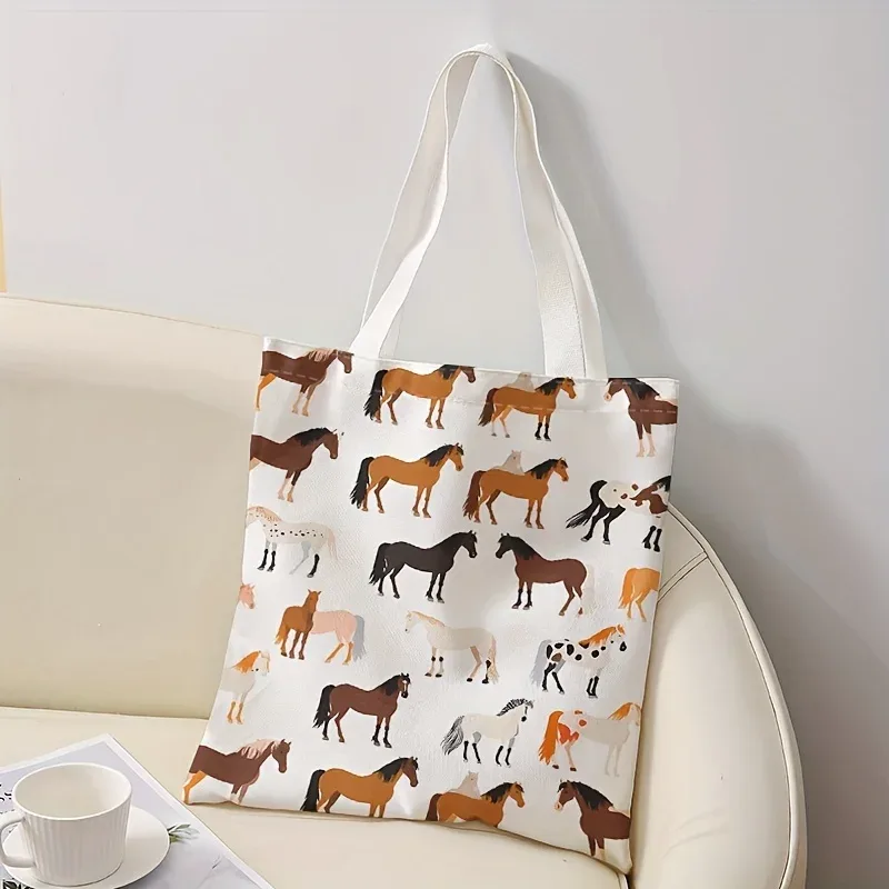 sac fourre-tout imprimé cheval en polyester, fourre-tout réutilisable à la mode avec impression alphabet, sac à main multifonctionnel pour sacs de courses