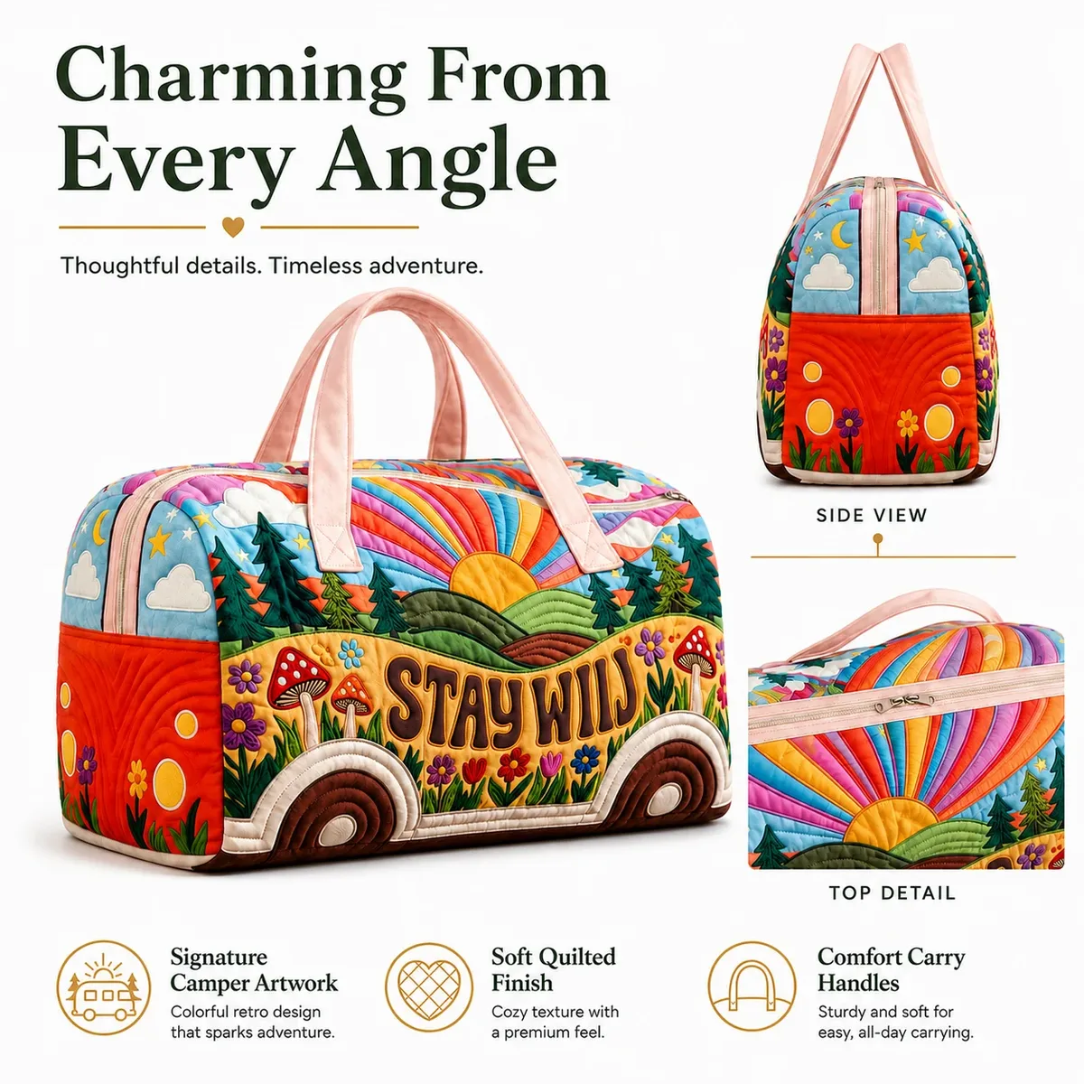 sac de voyage bohème de style camping rétro, sac de voyage de grande capacité avec motifs champignons et floraux, sac de nuit mignon style soleil et arc-en-ciel, sac fourre-tout léger pour le sport et la gym, adapté aux sports, aux vacances et aux occasions de cadeaux