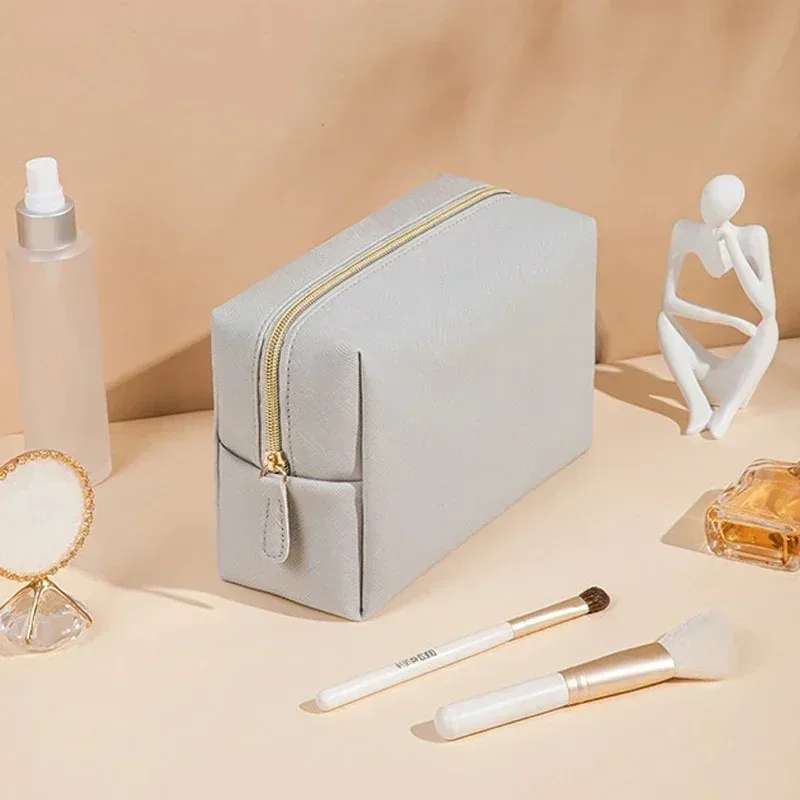 sac de maquillage pour femmes en cuir pu imperméable, couleur unie, trousse de toilette de voyage, organiseur de rangement cosmétique portable