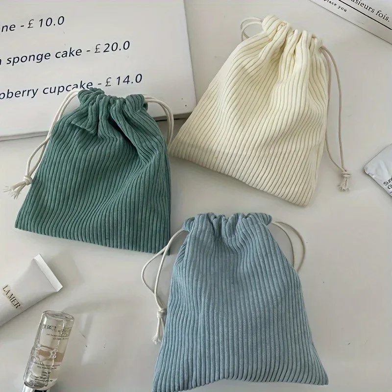 ensemble de sacs de rangement à cordon de serrage en velours côtelé – pochettes de maquillage portables légères de couleur unie avec grand, moyen