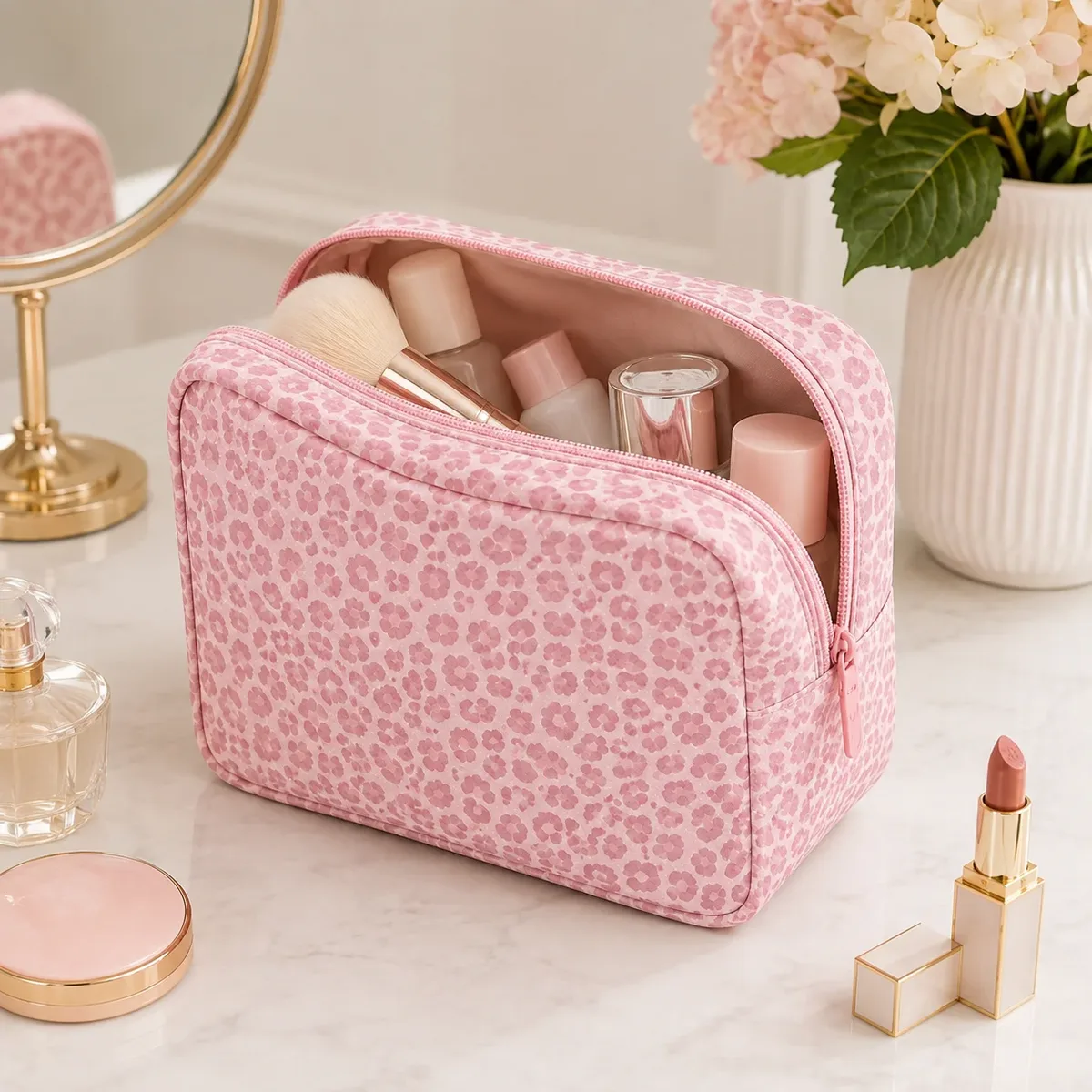 trousse à cosmétiques rose à motif léopard, trousse de maquillage souple à fermeture éclair, organiseur de toilette de voyage, pochette de beauté, étui de rangement pour cosmétiques pour femmes