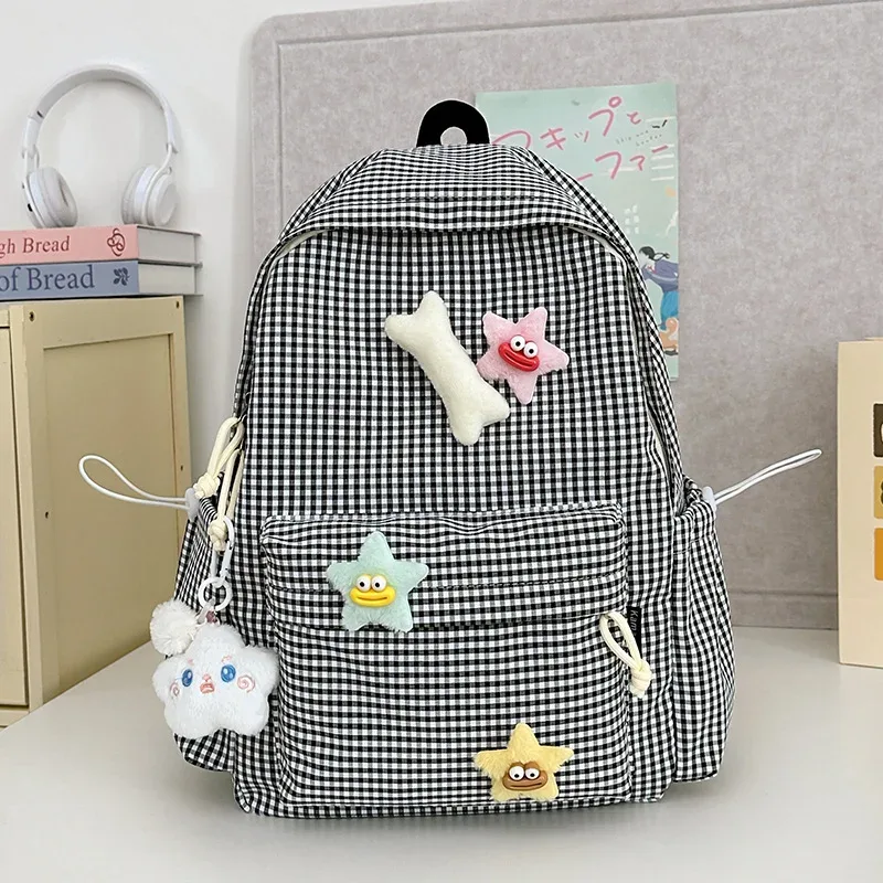 sac à dos pour femme style campus, motif écossais simple, grande capacité, décontracté, pour voyage, sac à double bandoulière en nylon, style frais et doux