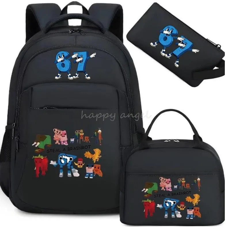 3 pièces/ensembles volez un brainrot sac à dos avec sac à déjeuner pour 67 six sept adolescents étudiants sacs d'école décontracté confortable ensemble de voyage
