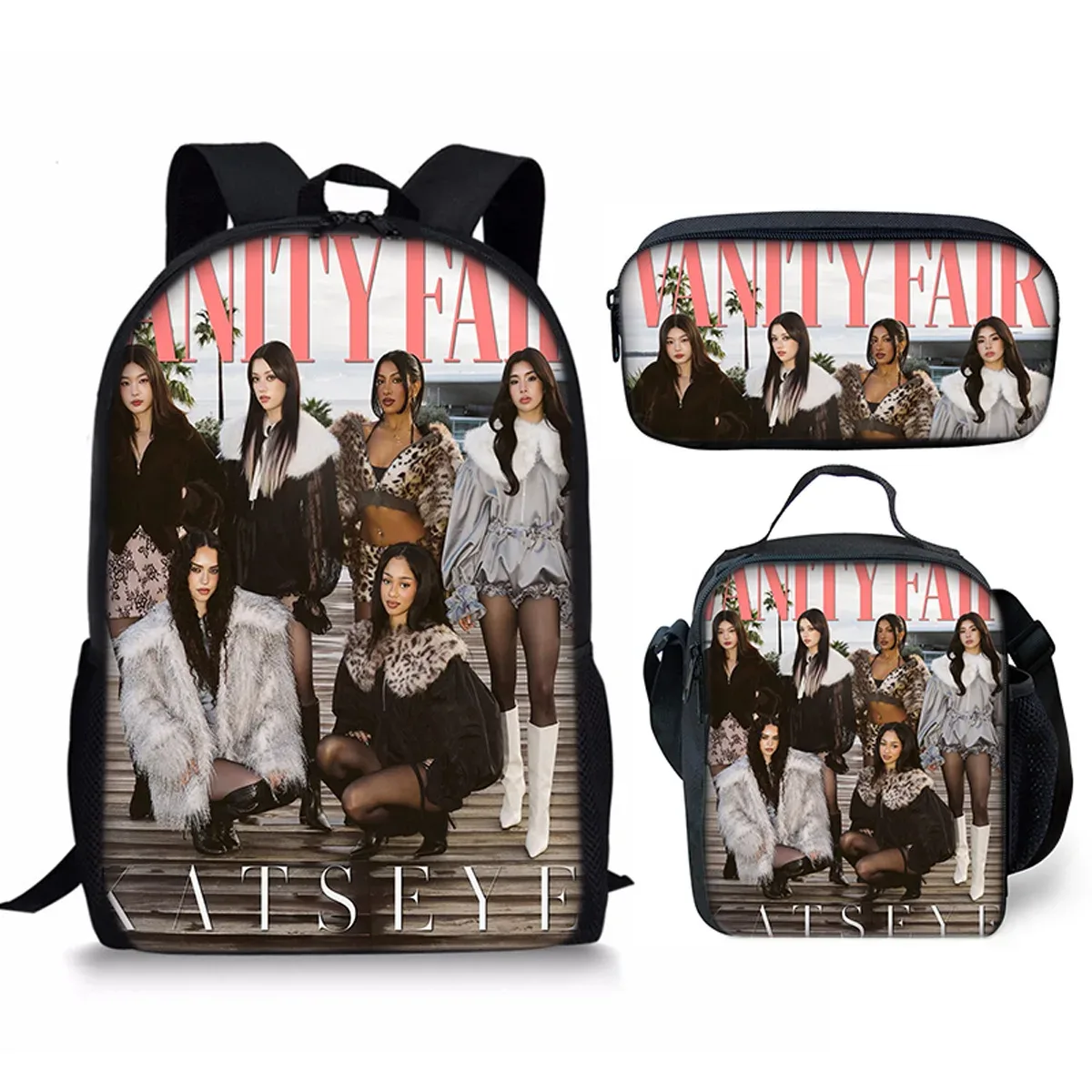 sac à dos scolaire classique populaire kpop katseye imprimé 3d, ensemble de 3 pièces, sac à dos pour ordinateur portable, sac à déjeuner, trousse à crayons