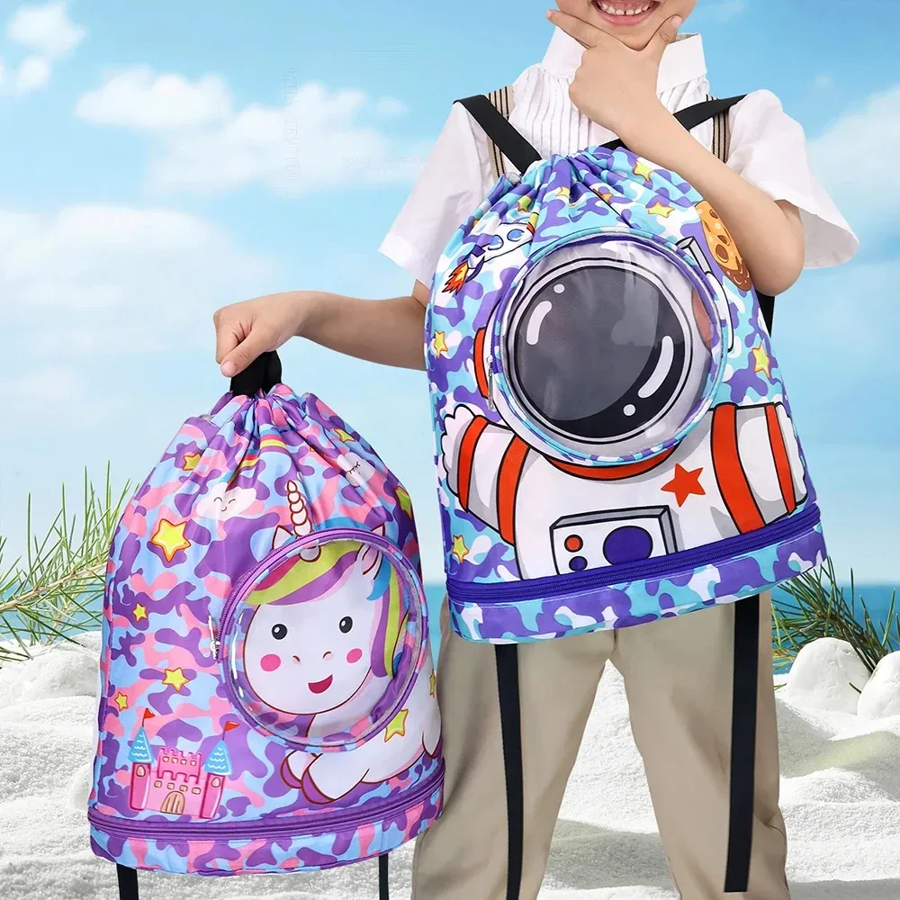 sac de natation de dessin animé étanche pour enfants, support pour vêtements secs pour femmes avec chaussures, stockage de lunettes, poudres, sac à dos de sport de piscine