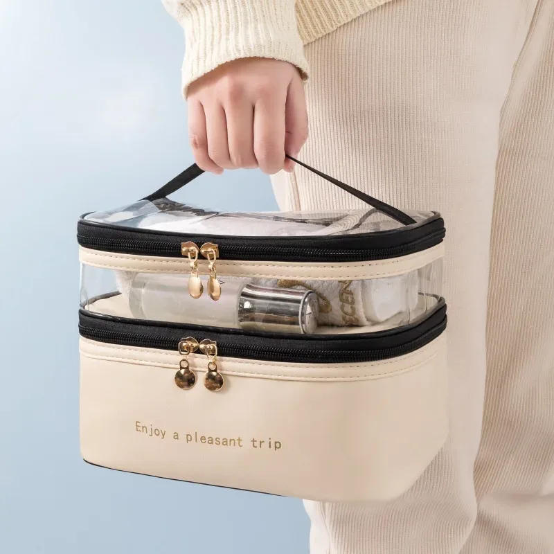 double trousse de maquillage, articles de toilette transparents en pu, portable, mode, étanche, voyage, sac de rangement de grande capacité