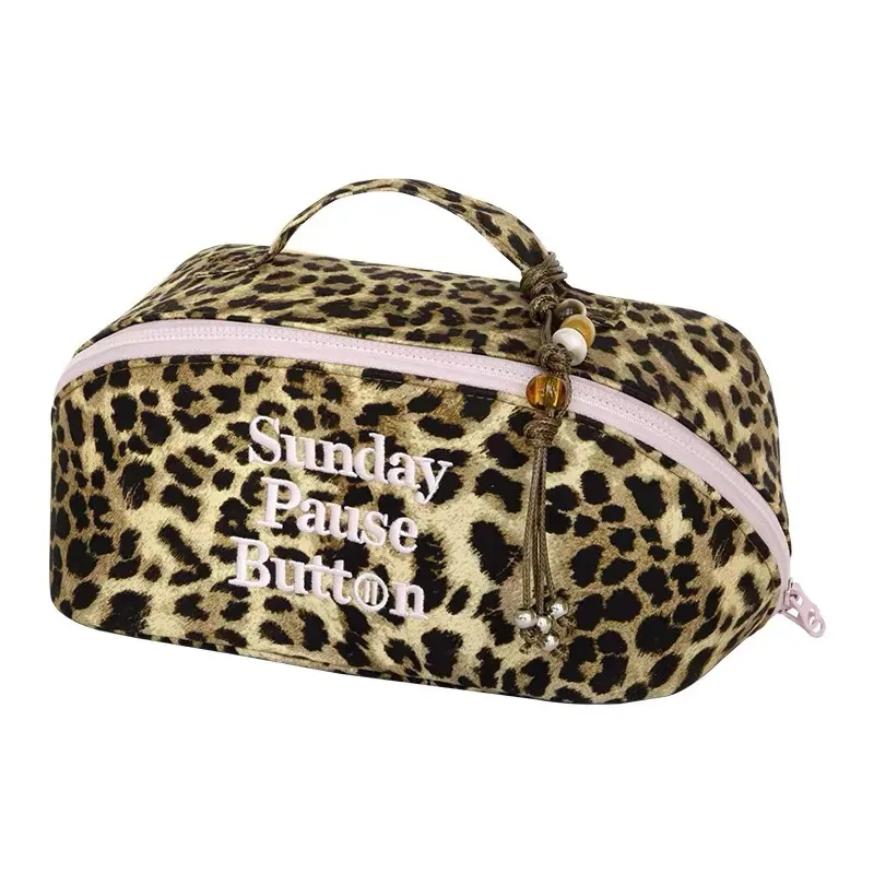 sac de maquillage pour femme à imprimé léopard, grande capacité, sac de toilette de voyage tendance, sac de rangement cosmétique à fermeture éclair pour femme