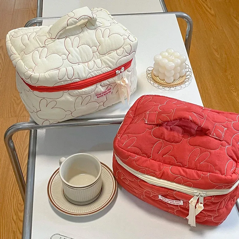 mignon femmes portable lapin matelassé coton sac cosmétique sac à main dame fourre-tout pochette de maquillage organisateur de voyage sacs de rangement avec fermeture éclair
