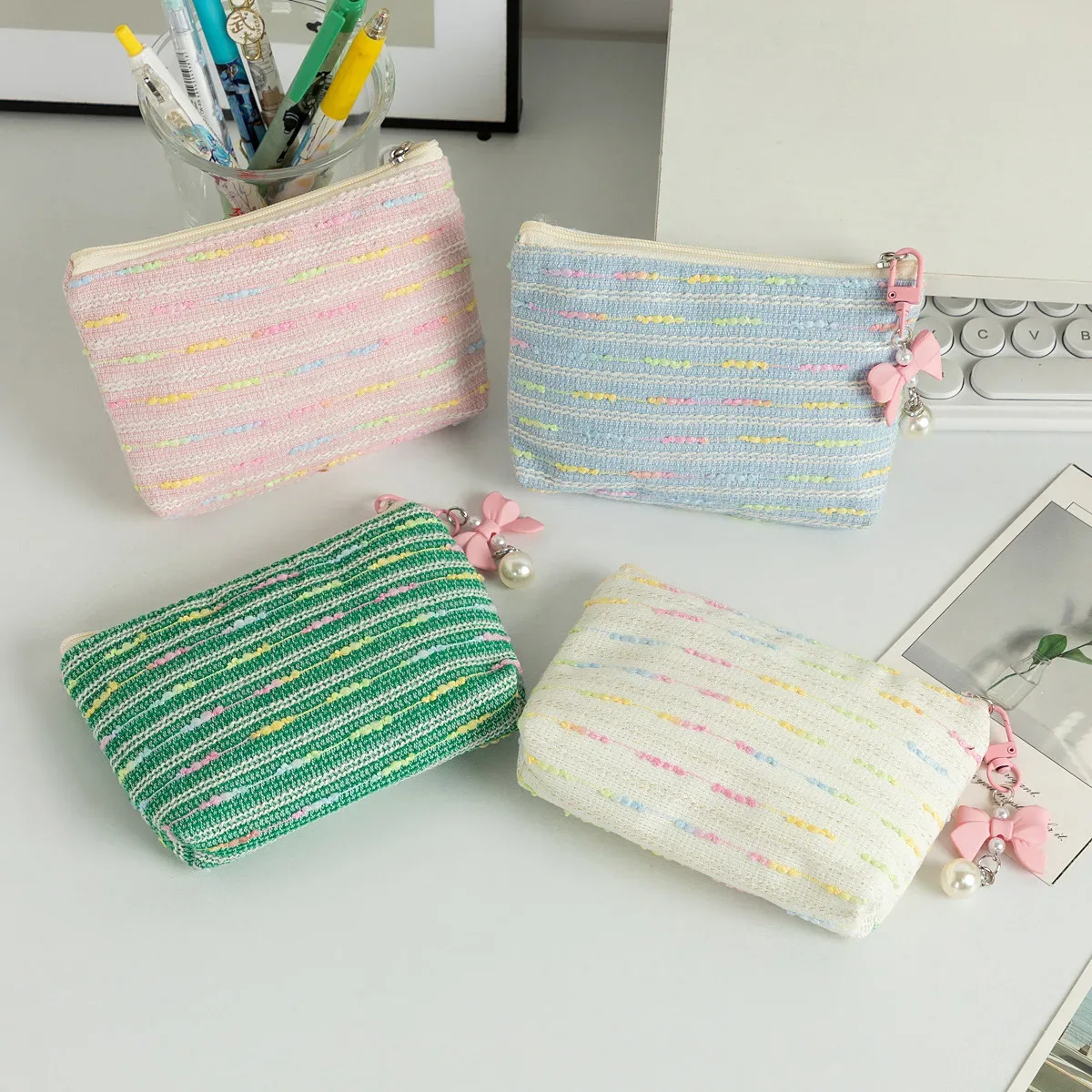 Petit sac de maquillage cosmétique, Mini sacs de rangement rayés pour femmes, étui de maquillage pour rouge à lèvres, sac à main mignon pour enfants, pochette pour pièces de monnaie