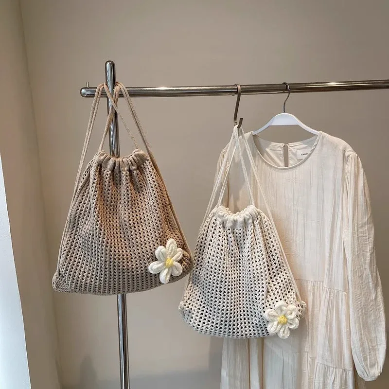 sac à bandoulière en tricot de couleur unie, sac à dos bohème en crochet de grande capacité ajouré, fourre-tout de voyage de plage polyvalent pour femmes