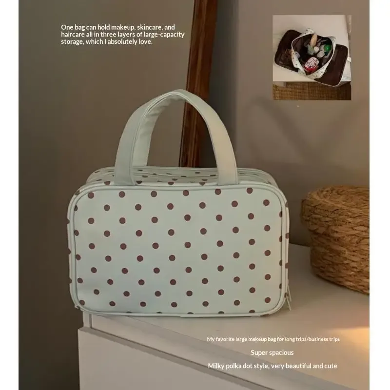 sac de maquillage portable à pois, multifonctionnel, à trois compartiments, sac cosmétique en pu, grande capacité, sac de rangement de voyage imperméable