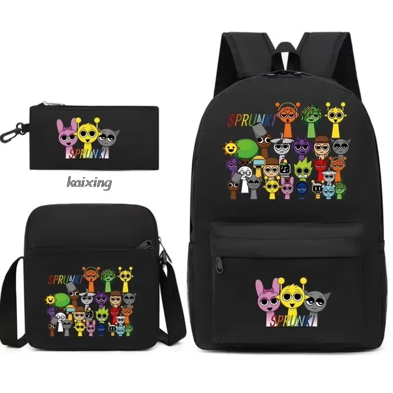ensemble de 3 sacs à dos sprunki à imprimé anime, avec sac fourre-tout et pochette, grande capacité, léger et respirant, sac à dos décontracté tendance