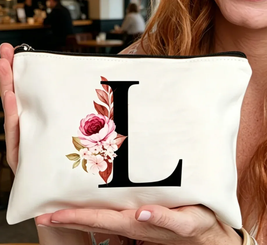 sac à fermeture éclair élégant avec motif de lettres et de fleurs, trousse de maquillage polyvalente, trousse à cosmétiques légère pour femmes a-z, 1 pièce