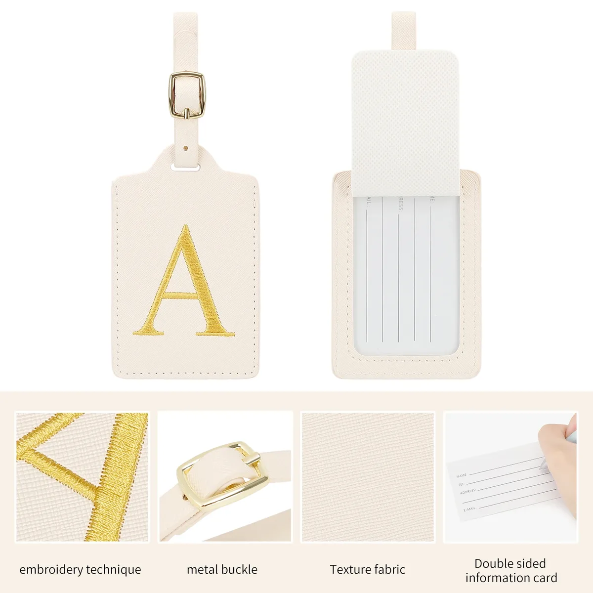 étiquette de bagage en cuir brodée élégante et personnalisée, étiquette d'identification de bagage anti-perte (lettres a~z), accessoire de voyage unisexe.