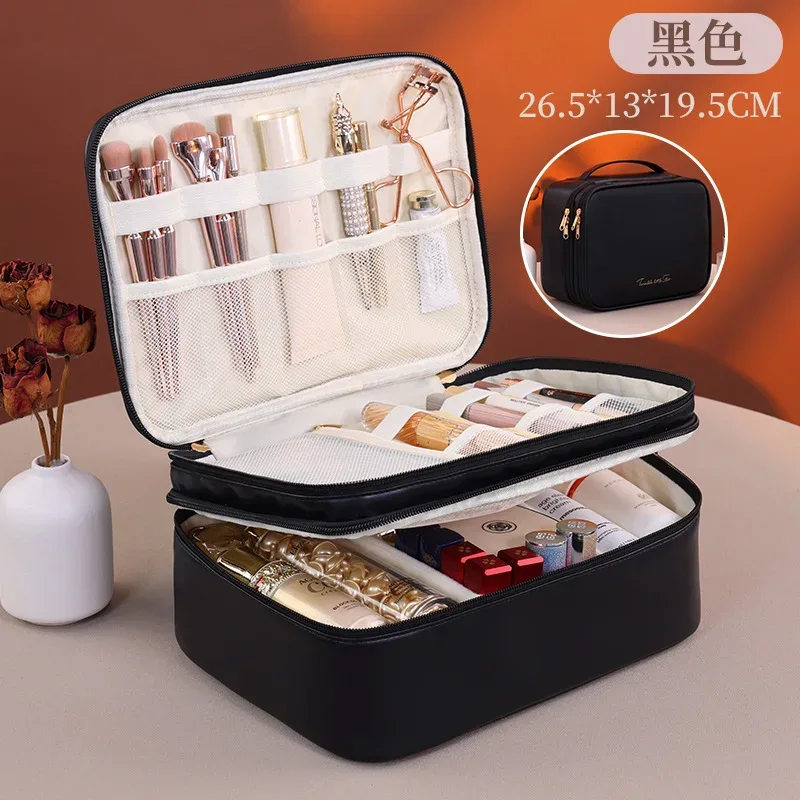 trousse de maquillage double couche en cuir pu, grande capacité, sac de voyage pour cosmétiques, pochette de toilette pour outils de beauté femme