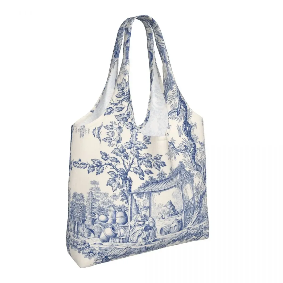 toile de jouy française classique vintage personnalisée, fourre-tout à motif bleu marine, fourre-tout de shopping en toile réutilisable, sac à bandoulière