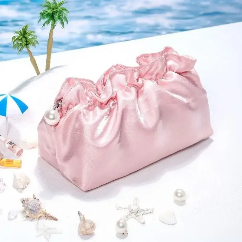 sac de maquillage portable en polyester, forme nuage, fermeture à cordon, pochette cosmétique, surface brillante, grande capacité, organisateur de voyage quotidien