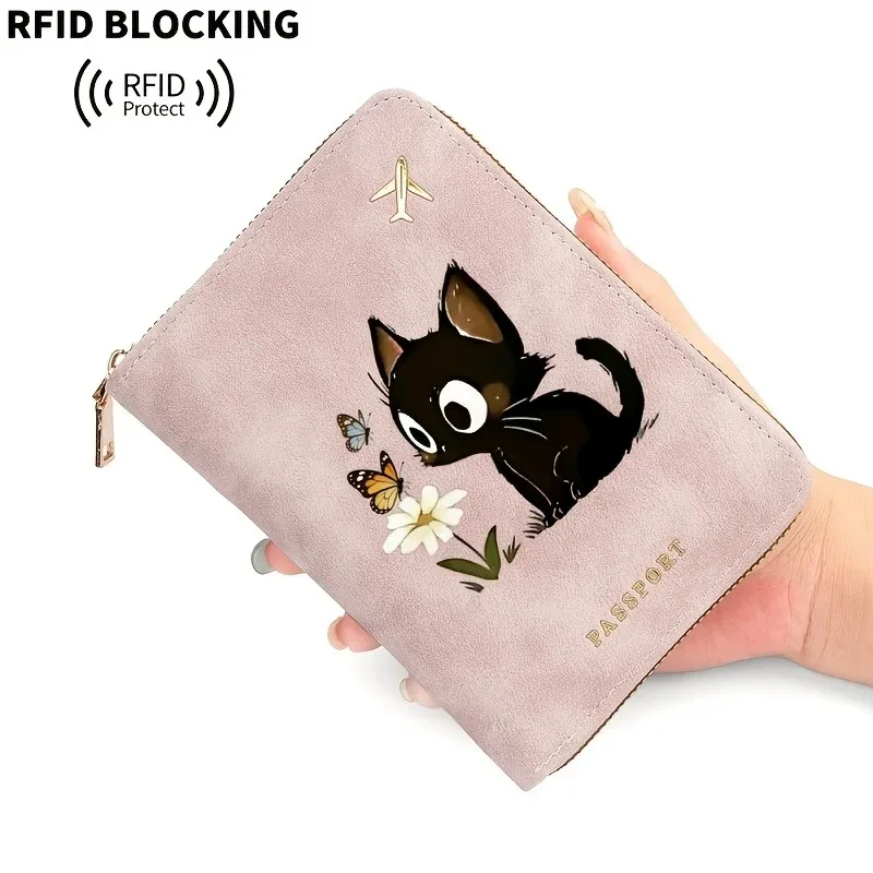 portefeuille de voyage pour femme en cuir pu avec blocage rfid, motif chat et fleurs imprimé en 2d, étui de passeport sécurisé pour documents