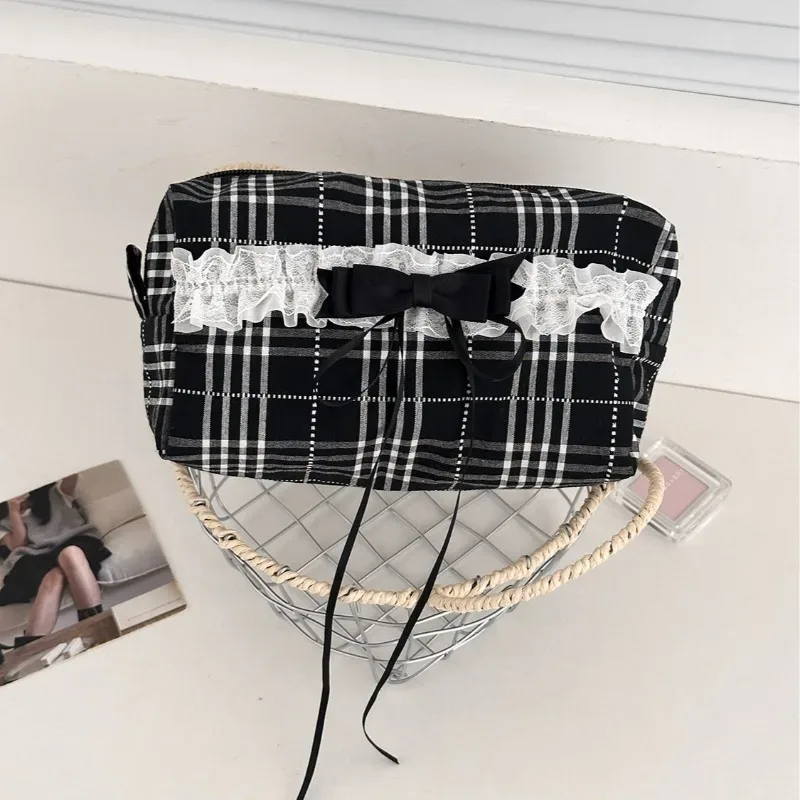 sac de maquillage à carreaux noir et blanc, doux et décontracté, pour écolière, dentelle, style coréen ins, grand étui à cosmétiques, organisateur de voyage mignon
