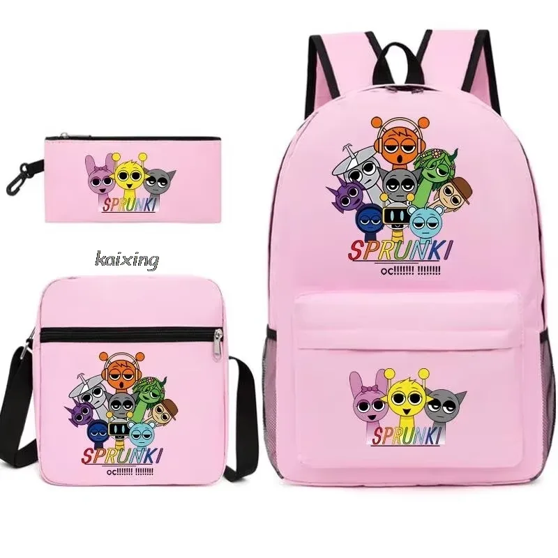 ensemble de 3 sacs à dos sprunki à imprimé anime, avec sac fourre-tout et pochette, grande capacité, léger et respirant, sac à dos décontracté tendance