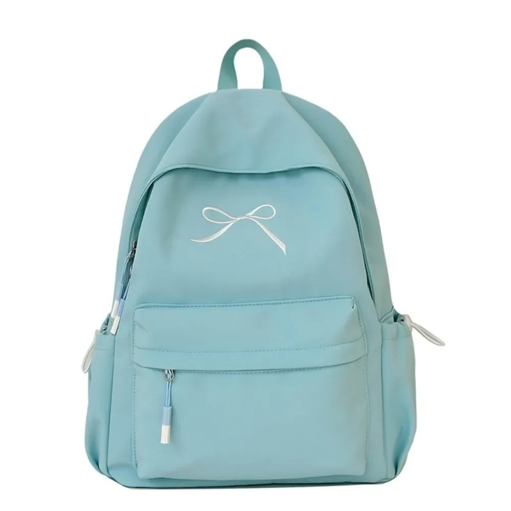 sac à dos portable avec nœud brodé pour filles, cartable en nylon de grande capacité pour étudiants, sac à dos de voyage léger de couleur unie