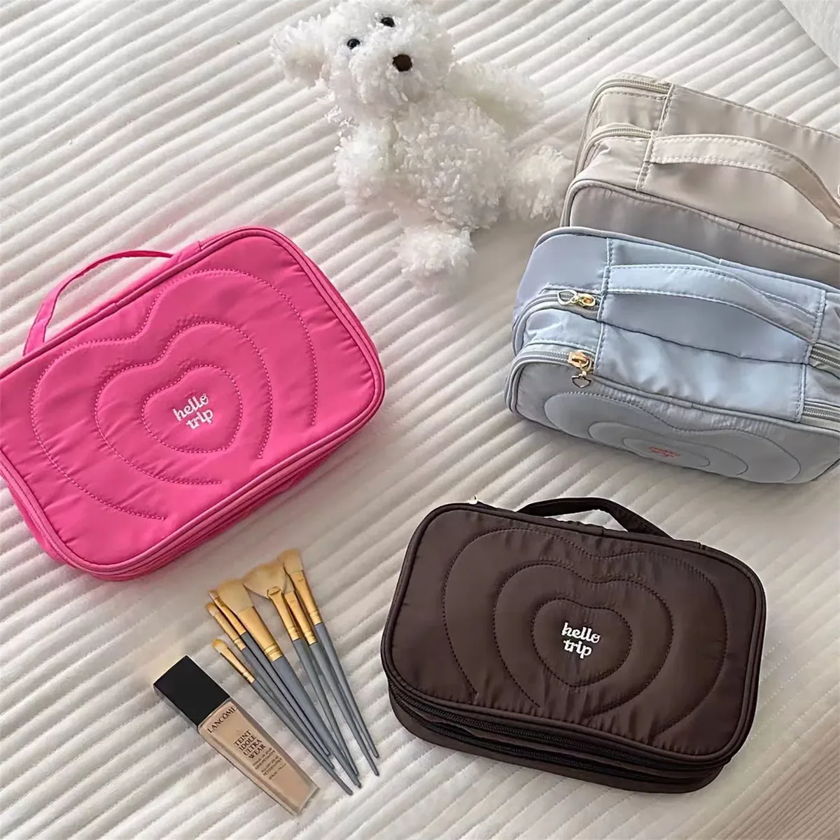 nouvelle trousse de maquillage portable à plusieurs compartiments, grande capacité, brodée, avec rabat, sac de toilette portable au motif sel marin, sac de voyage.