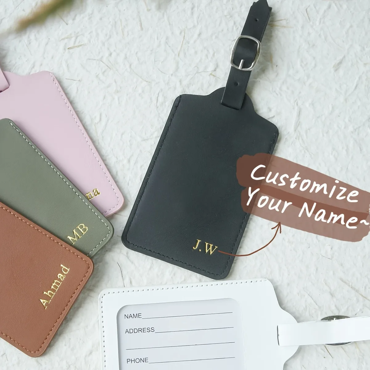 étiquette de bagage personnalisée avec nom en estampe à chaud | monogramme doré, léger, élégant, porte-documents, accessoires de voyage, style décontracté