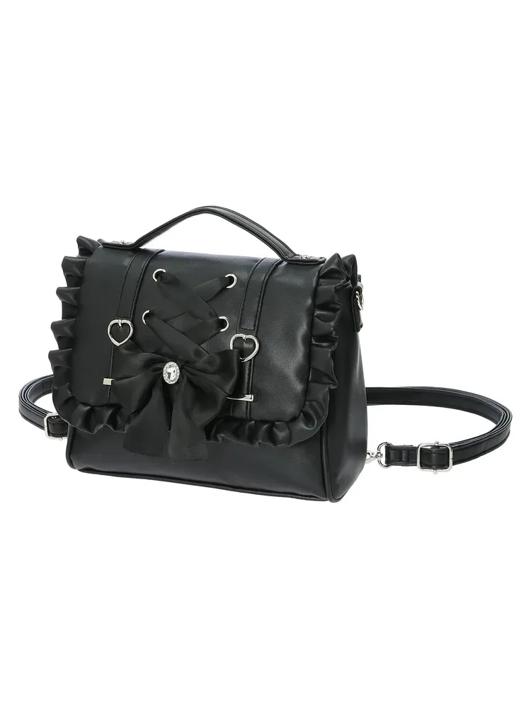 sac lolita en cuir pu, sac d'école rose noir, sac à bandoulière élégant avec nœud jk épaule y2k jirai kei bolsas mujer filles femmes