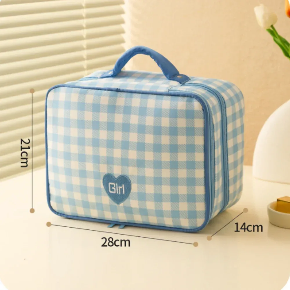 trousse de maquillage en coton matelassé, trousse de toilette portable à carreaux avec fermeture éclair, grande capacité, poudres de soin de la peau, voyage