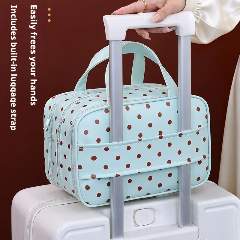 sac de maquillage portable à pois, multifonctionnel, à trois compartiments, en pu, grande capacité, imperméable, sac de rangement de voyage