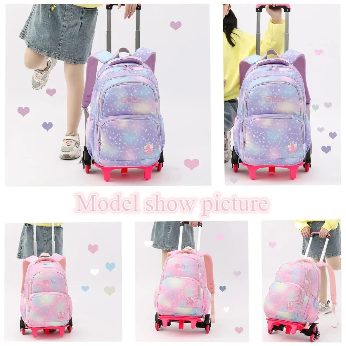 ensemble de sac à dos scolaire à roulettes pour enfants, sacs pour étudiants, sac à roulettes pour filles, cartable mignon, sac à dos à roulettes pour enfant