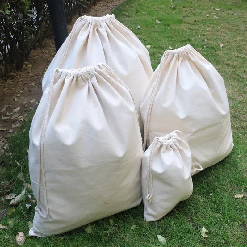 Sac de rangement en toile de coton de grande taille, sacs de rangement pour vêtements, couette et jouets, ficelle de proximité pour la maison, 48x60cm, 65x75cm, 75x120cm