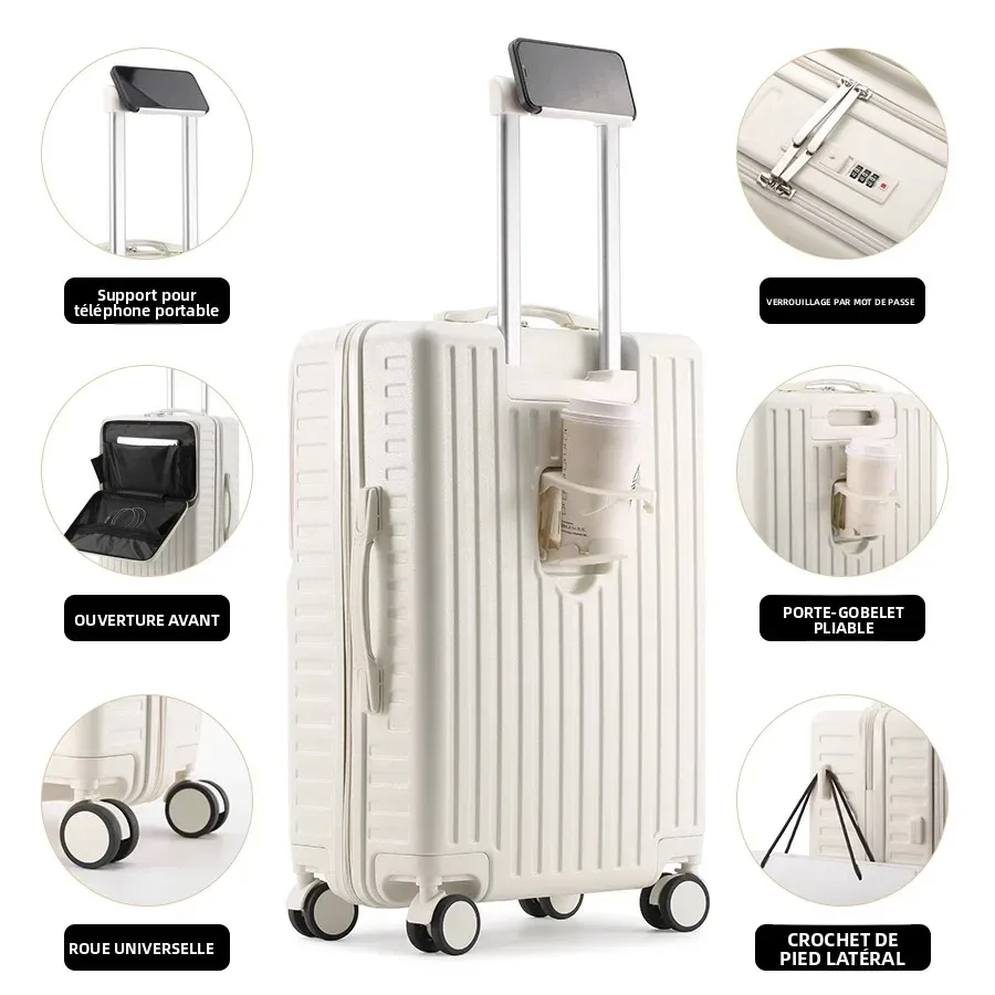 porte-bagages à main à ouverture frontale, support de téléphone caché, compartiment humide/sec, 20 pouces abs + pc, valise multifonctionnelle, porte-gobelet, crochet latéral