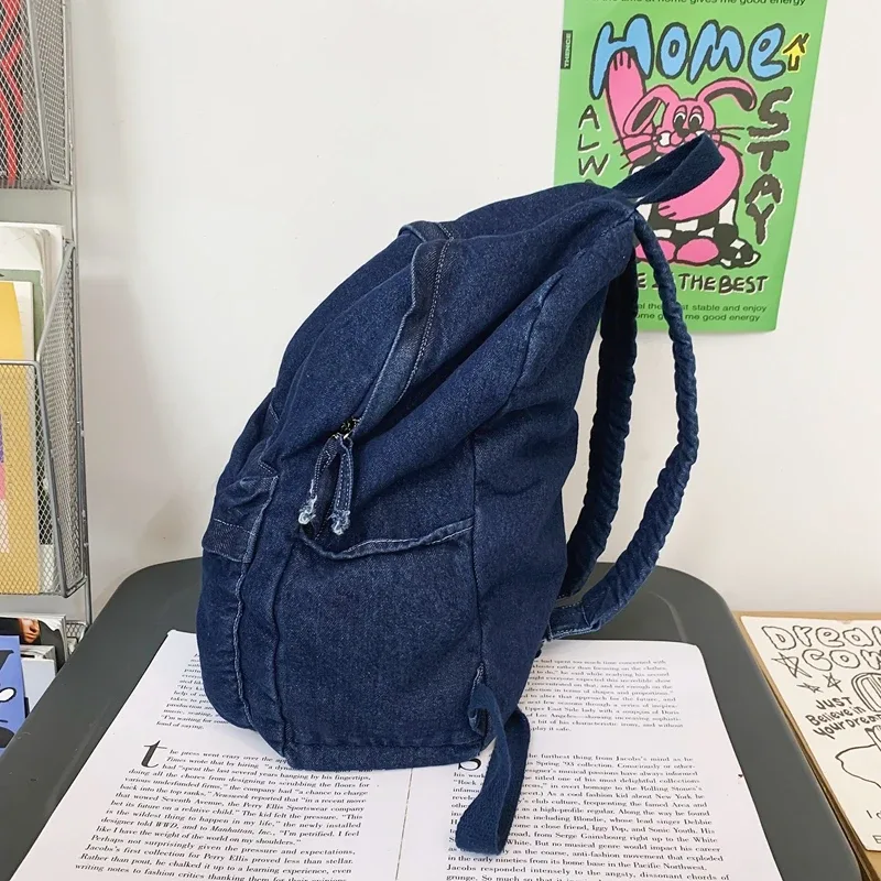 sacs à dos en toile décontractés unisexes, sacs d'école en coton, cartables en denim de grande capacité, forfaits de voyage doux pour gril, noir uni, 100%