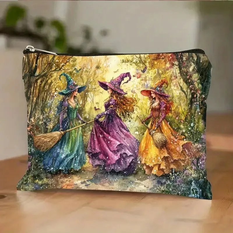 trousse de maquillage rétro en résine de sorcière, avec motif de forêt d'automne vibrante, fermeture à glissière sécurisée, sac de voyage multifonctionnel