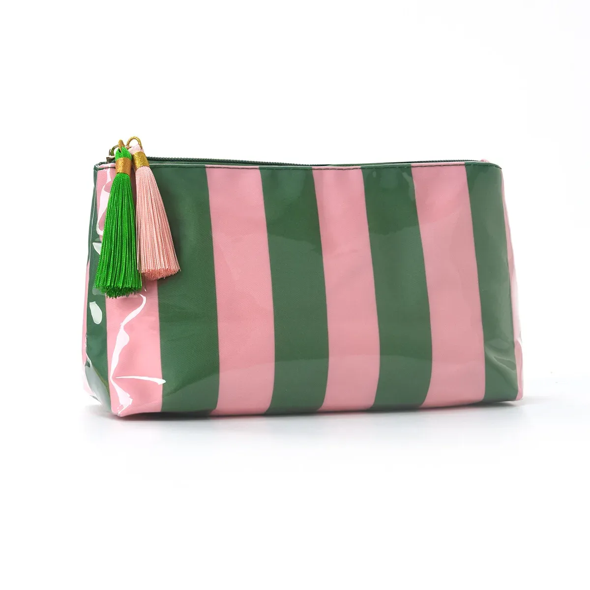 trousse de maquillage classique rayée avec fermeture éclair à franges, sac de voyage pour articles de toilette et soins de la peau, étui à pinceaux en pvc, organisation de voyage