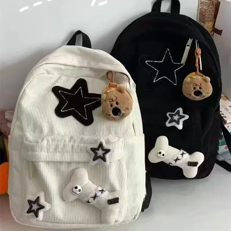 Sac à dos d'école de grande capacité pour adolescentes Y2K, sac à dos pour ordinateur portable à motif d'étoile pour filles, sac à dos en velours côtelé, sac à bandoulière à Double sangle